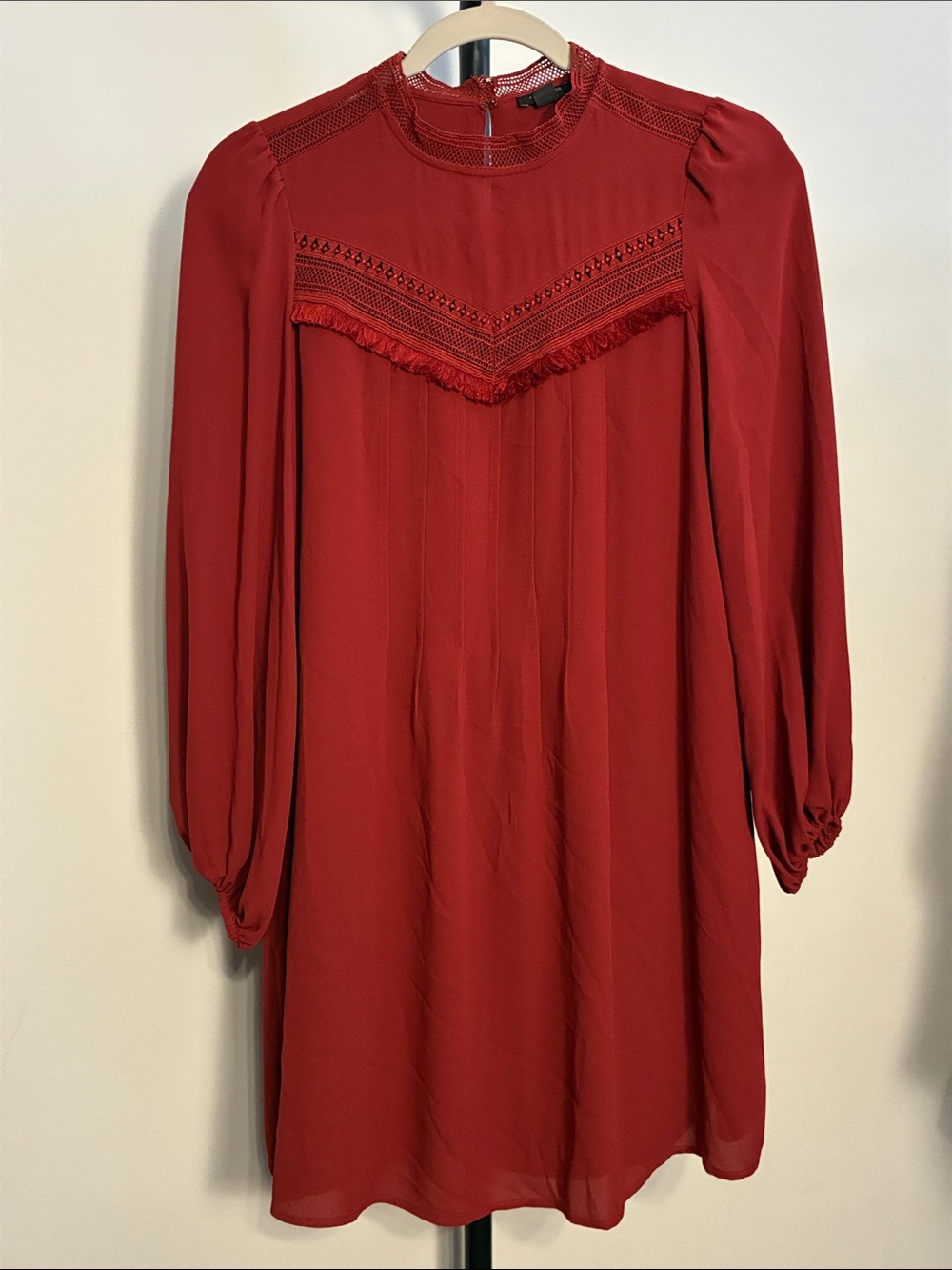 Ann Taylor Crochet Fridge Balloon Long Sleeve Tunic Dress Red Boho Petite XS
